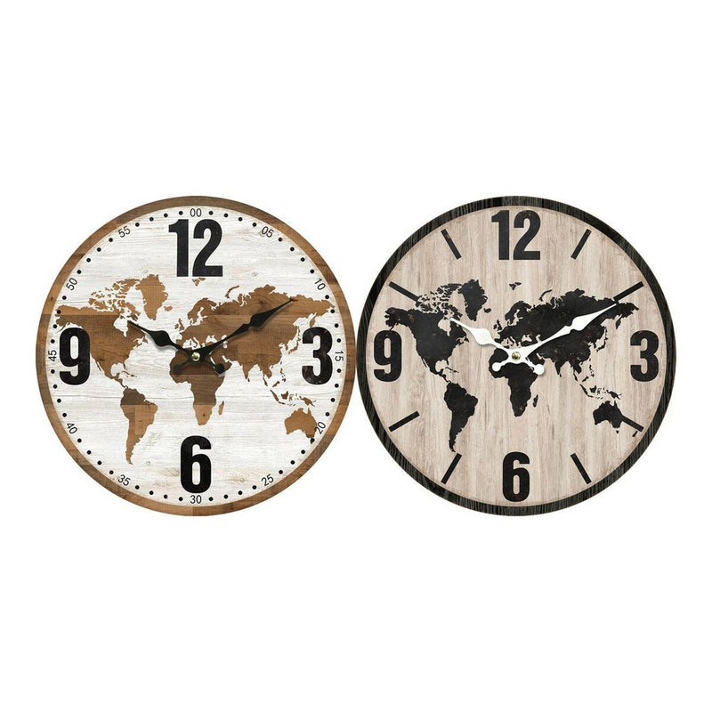 Wanduhr DKD Home Decor Schwarz Braun Holz MDF Weltkarte (34 x 4 x 34 cm) (2 pcs)