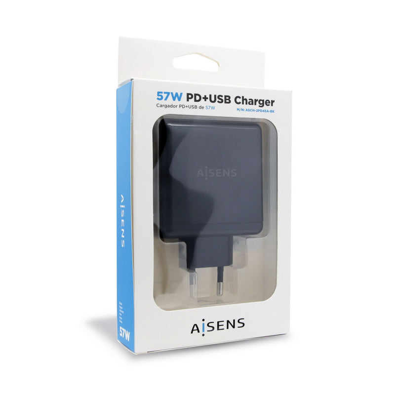 USB-Ladegerät für  die Wand Aisens PD 3.0 USB-C 57 W Schwarz